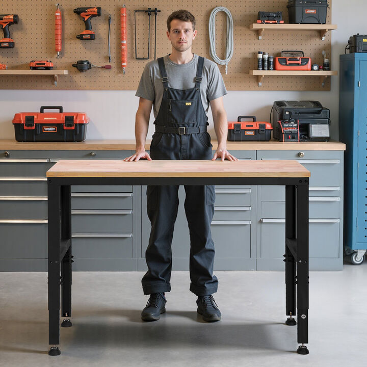 Height Adjustable Workbench with Electrical Outlets, Heavy Duty Workshop Table for Garage & Office
