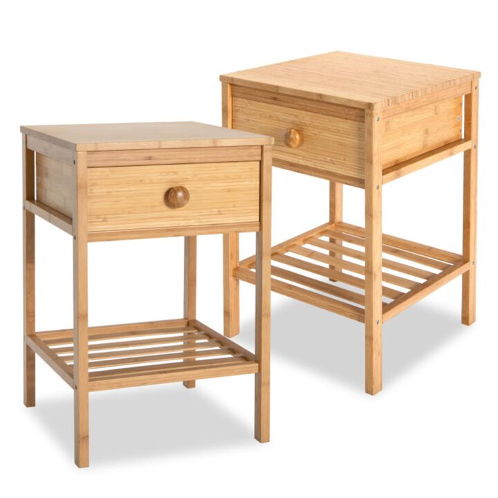 Hivvago Set of 2 Bamboo End Tables with Drawer and Open Shelf-Natural