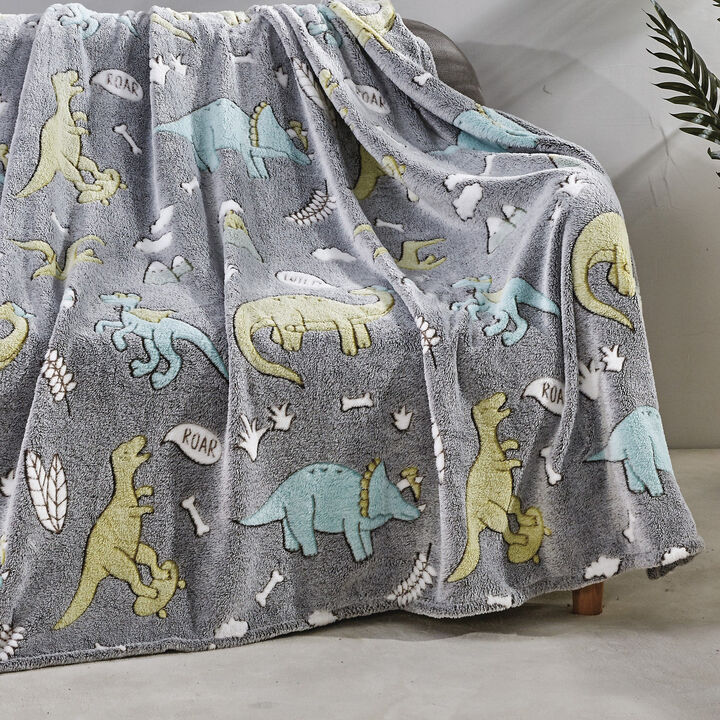 Plazatex Grey Dino Friends Micro Plush Decorative All Season Throw Blanket 50" X 60" Multi Color