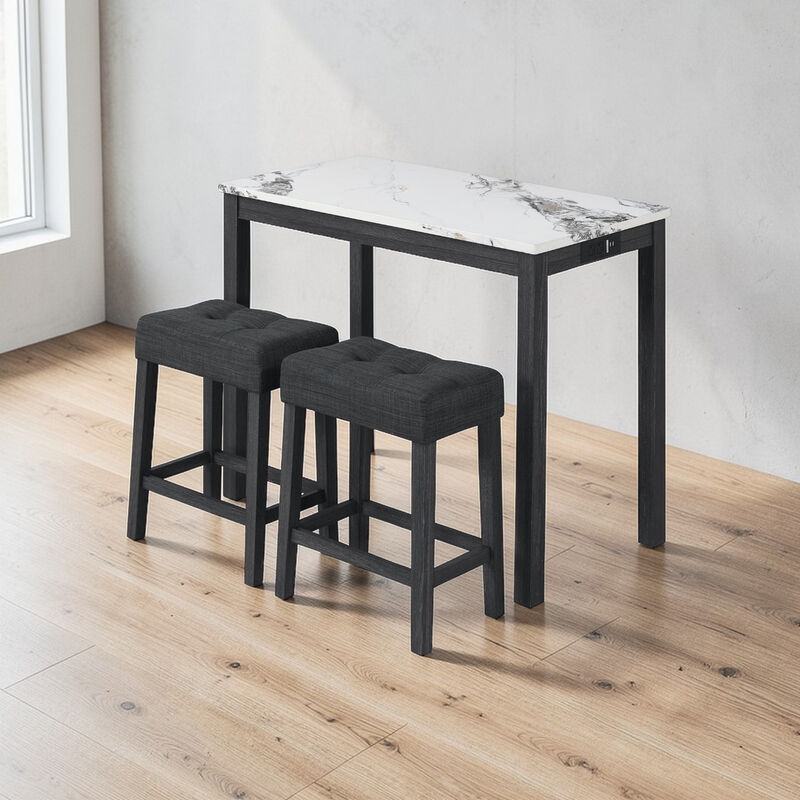 Bar Table Set with Charging Station and Faux Marble Top - 3-Piece Set image number 1