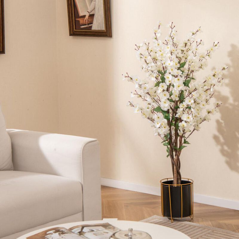 Hivvago Faux Plum Blossom Plant with White Fabric Flower and Solid Wood Trunk