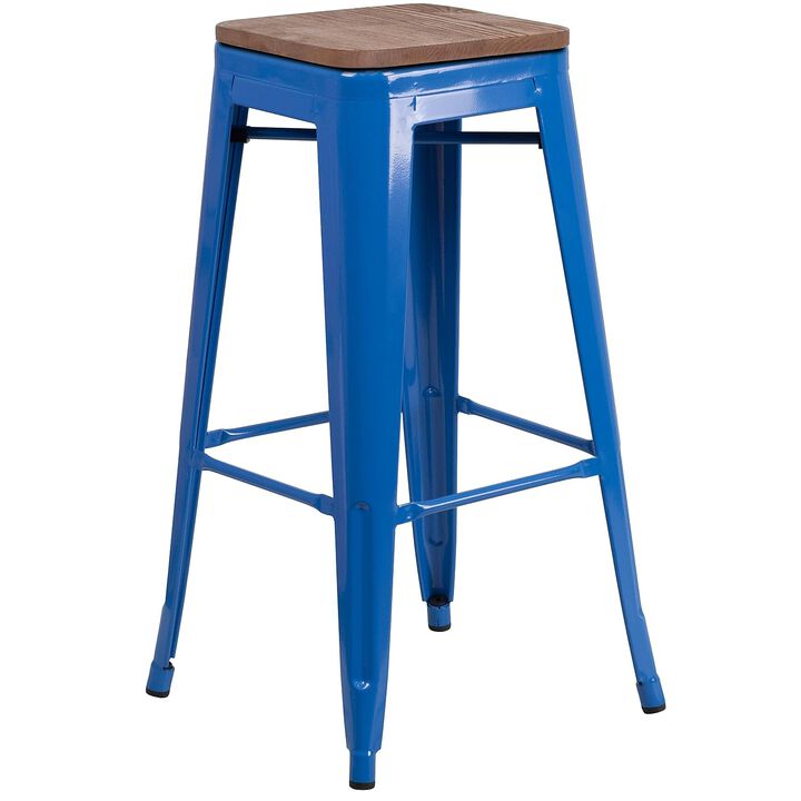 Flash Furniture Lily 30" High Backless Blue Metal Barstool with Square Wood Seat