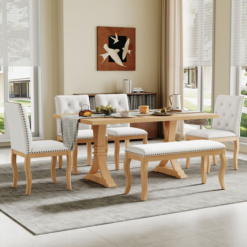 Whisen 6-Piece Dining Set with Bench, Farmhouse Natural Oak Table w/ 4 Upholstered Button Tufted Chairs, Solid Wood & MDF Kitchen Furniture image number 2