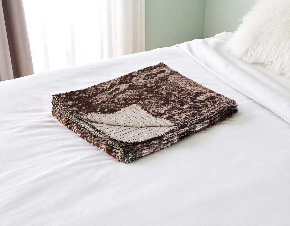 HomeRoots 50" X 70" Brown And Ivory Cotton Quilted Kantha Throw Blanket With Embroidery