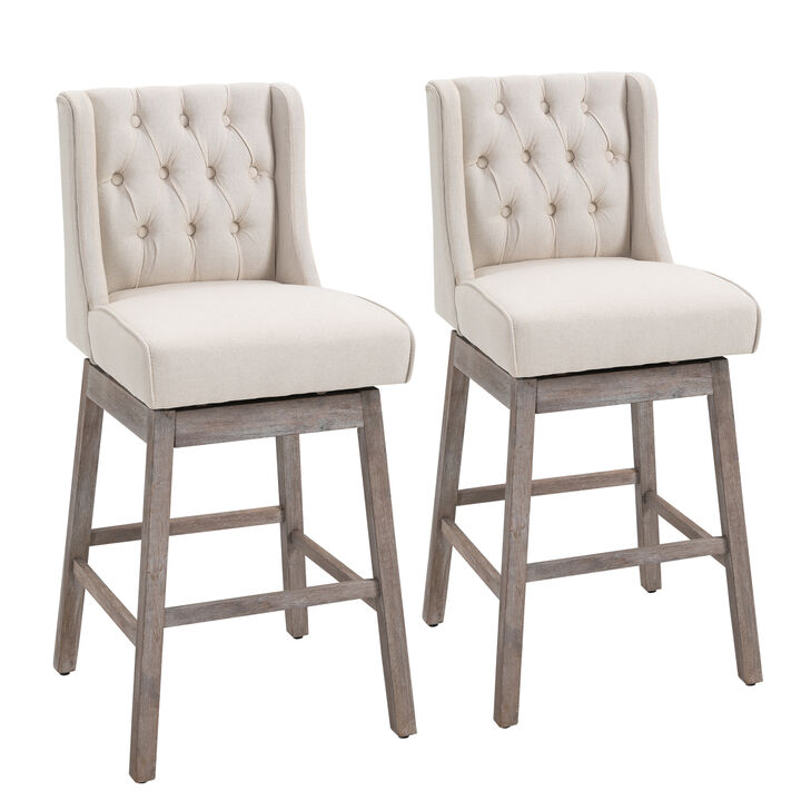 HOMCOM Bar Height Bar Stools Set of 2, 180 Degree Swivel Barstools, 30" Seat Height Bar Chairs with Solid Wood Footrests and Button Tufted Design, Beige