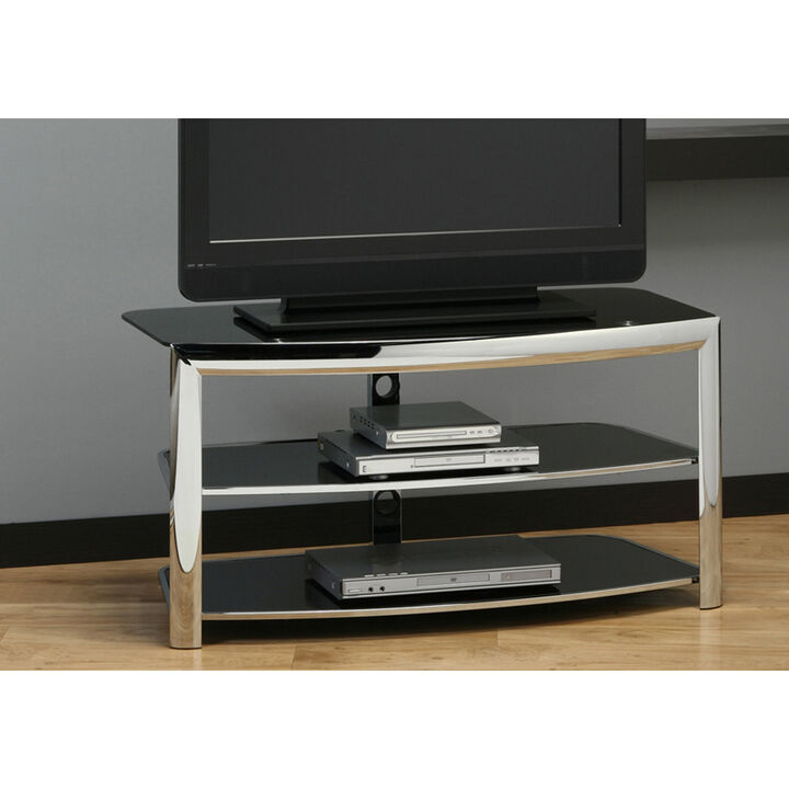 Monarch Specialties I 2038 Tv Stand, 43 Inch, Console, Media Entertainment Center, Storage Shelves, Living Room, Bedroom, Metal, Tempered Glass, Chrome, Contemporary, Modern