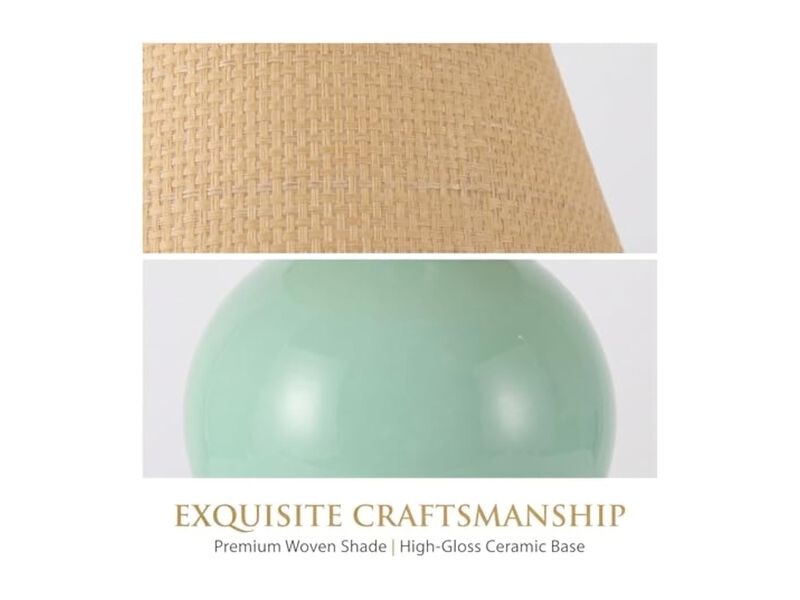 Boho Ceramic Rattan Table Lamp For Living Room Bedroom Office Green image number 2