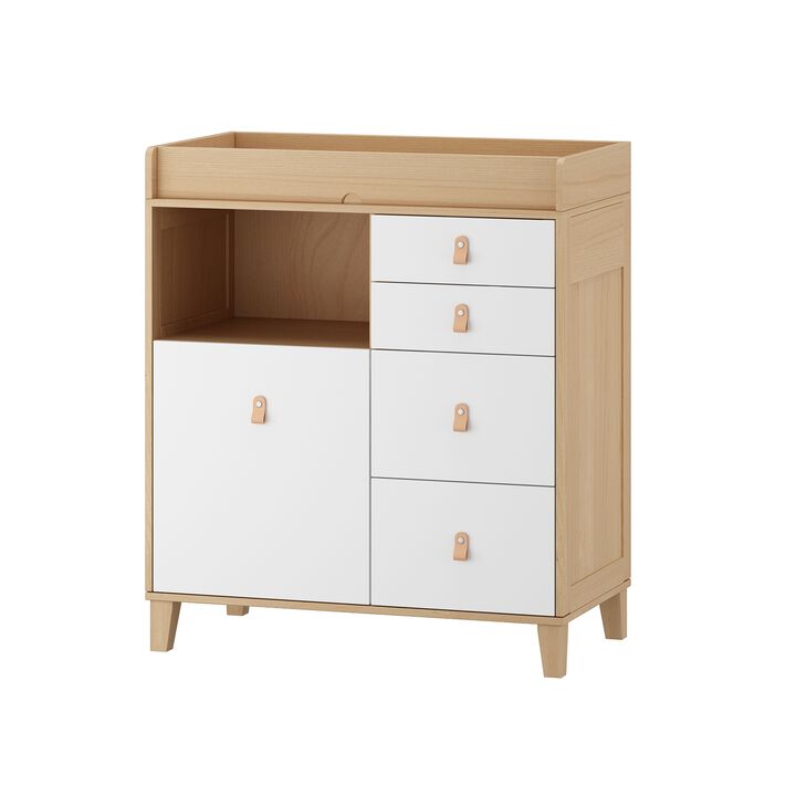 33.5 in. W Burly Wood Grain and White Rectangle Wooden End/Side Table with 5 Drawers, Top Storage Surface and Open Shelf