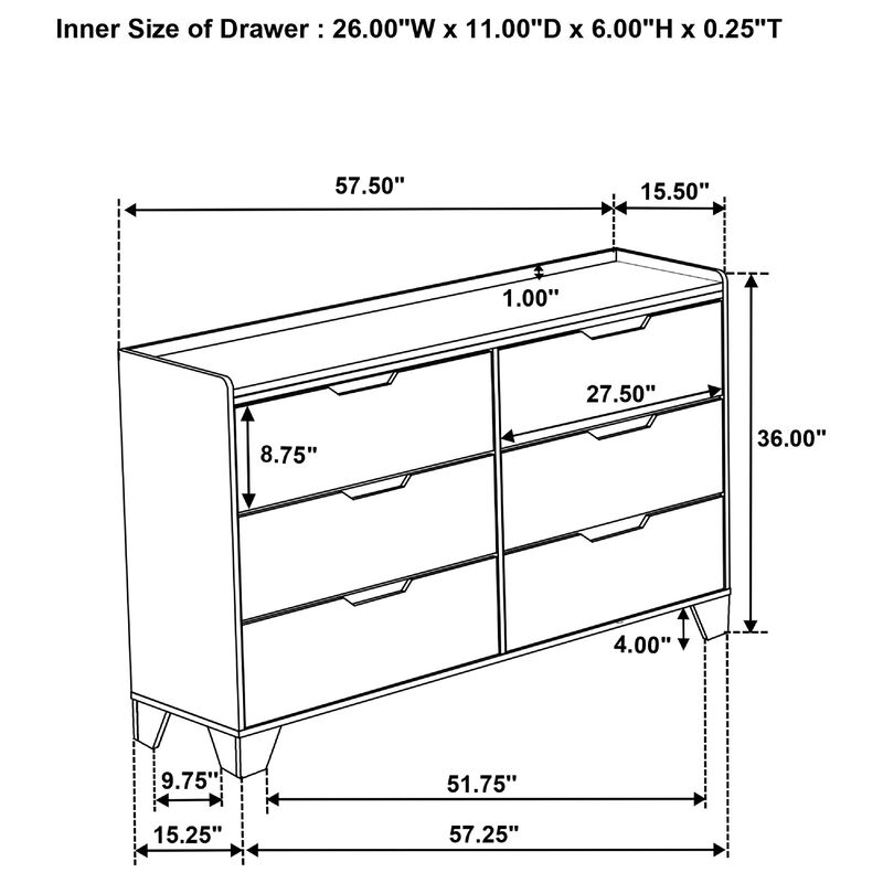 Nolan Wide Dresser with Faux Marble Top, 6 Drawers, Brown Wood image number 7