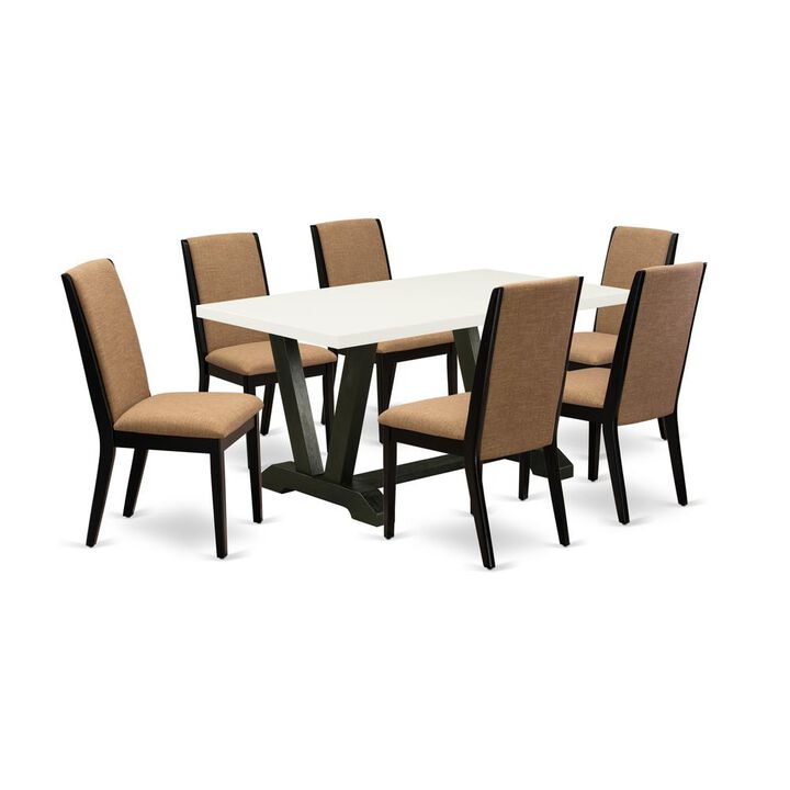 East West Furniture V626LA147-7 7-Piece Amazing Dining Table Set a Great Linen White Kitchen Rectangular Table Top and 6 Stunning Linen Fabric Dining Chairs with Stylish Chair Back, Wire Brushed Black