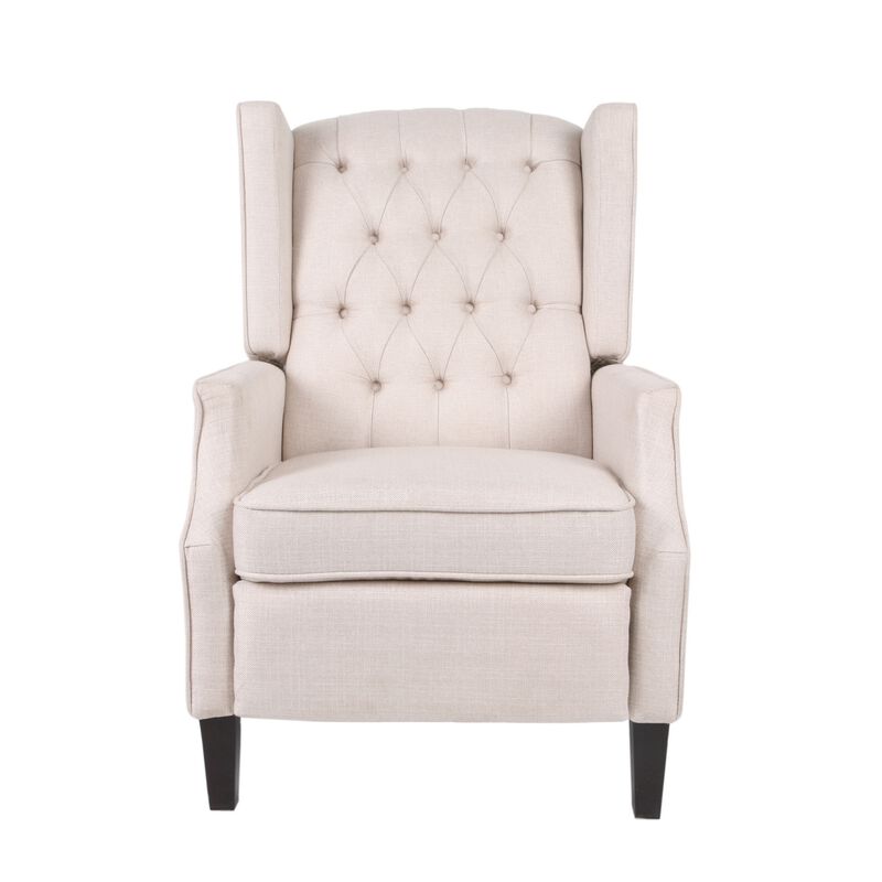 Pushback Recliner Chair, Strutted Legs, Beige Tufted Pleated Fabric - Benzara