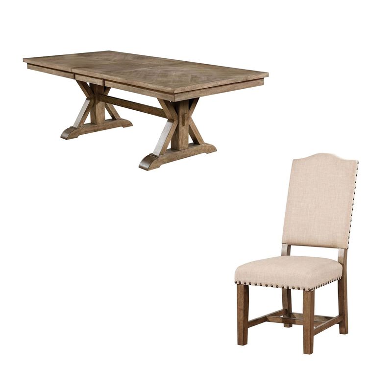 Juli 9pc Dining Table Set with Expandable Leaf, 8 Beige Fabric Chairs - Benzara
