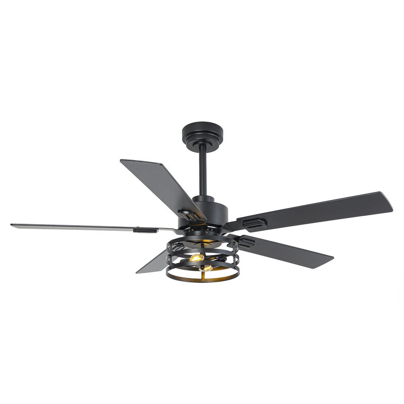 52" Industrial Black 6-Speed Metal Cage Ceiling Fan with Light
