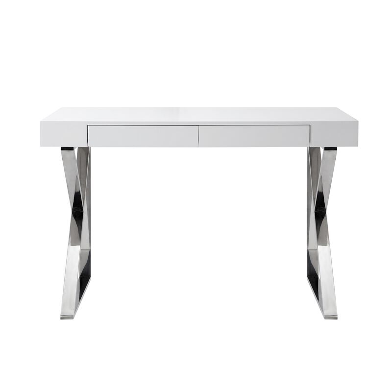Inspired Home Octavia High Gloss Desk with Polished Stainless Steel Base