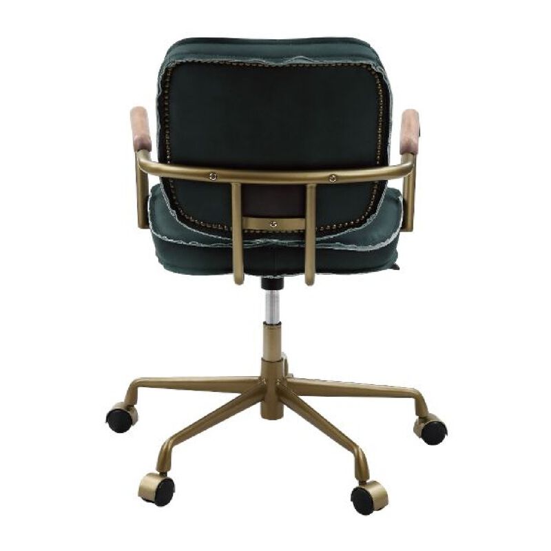 Office Chair with Leather Seat and Button Tufted Back, Green - Benzara