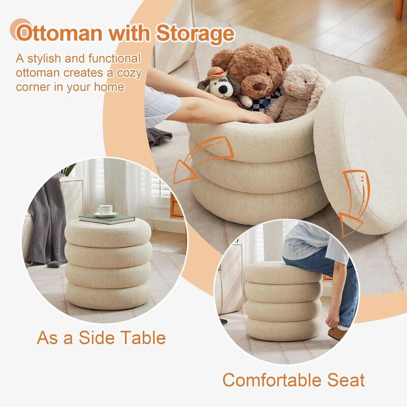 Beige Linen Upholstered Round Storage Ottoman - Removable Lid image number 4