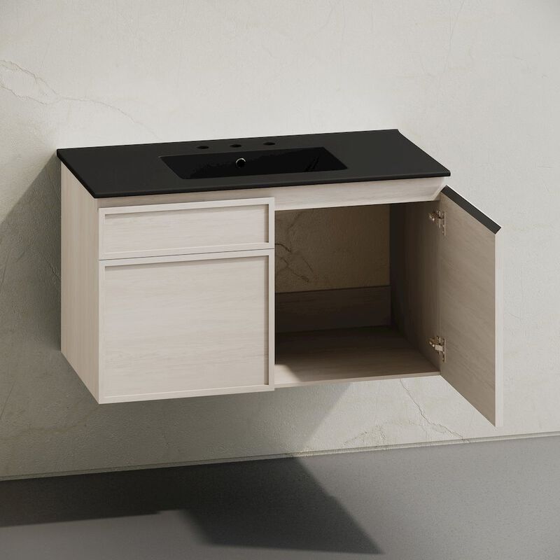 36" Wall-Mounted Bathroom Vanity in White Oak, Black 3-Hole Widespread Sink Top image number 3