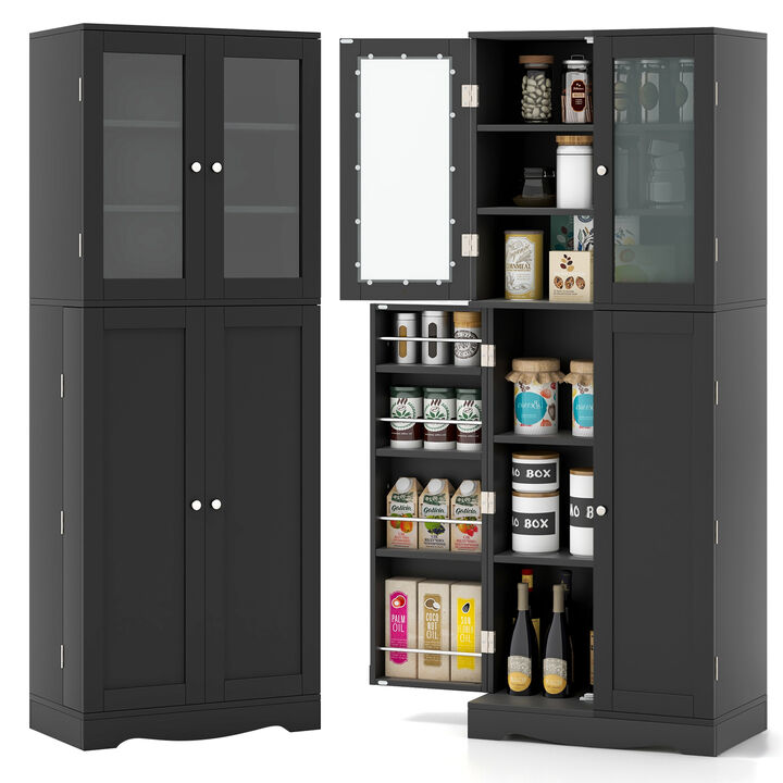 Tall Kitchen Pantry Cabinet with Dual Tempered Glass Doors and Shelves