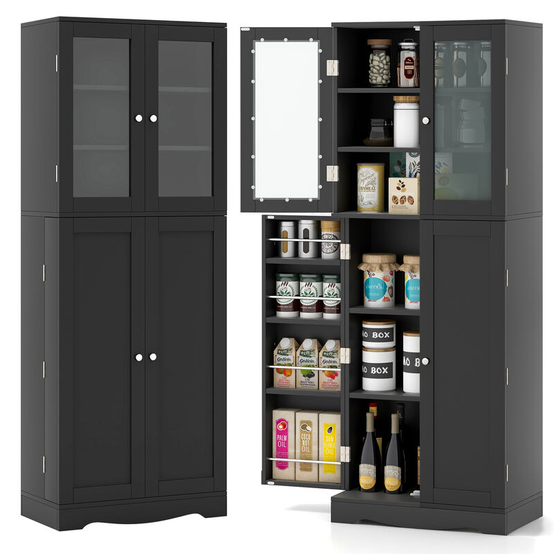 Tall Kitchen Pantry Cabinet with Dual Tempered Glass Doors and Shelves