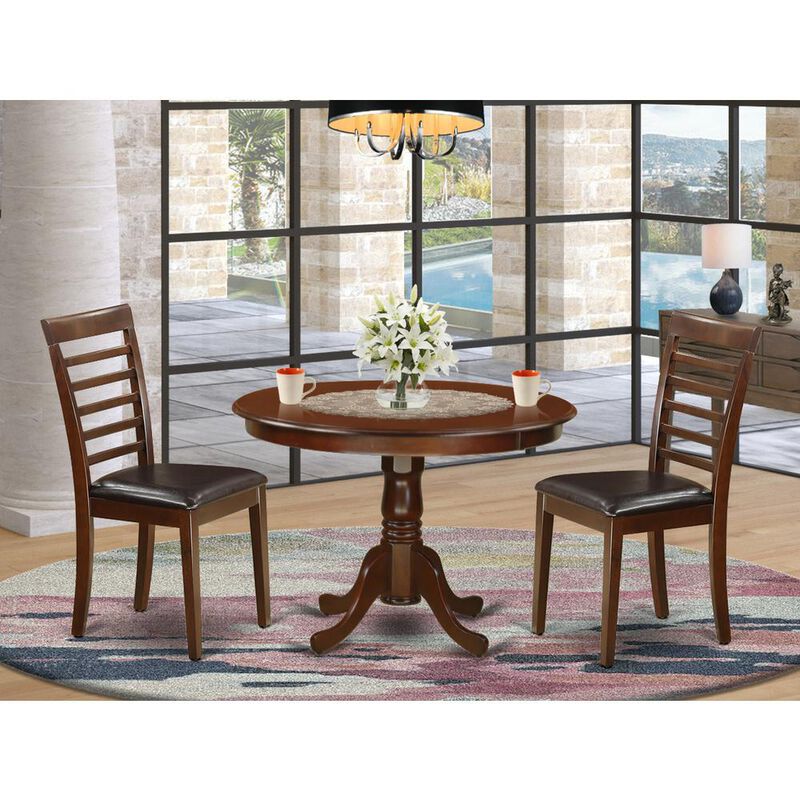 3 Pc set with a Round Dinette Table and 2 Leather Dinette Chairs in Mahogany
