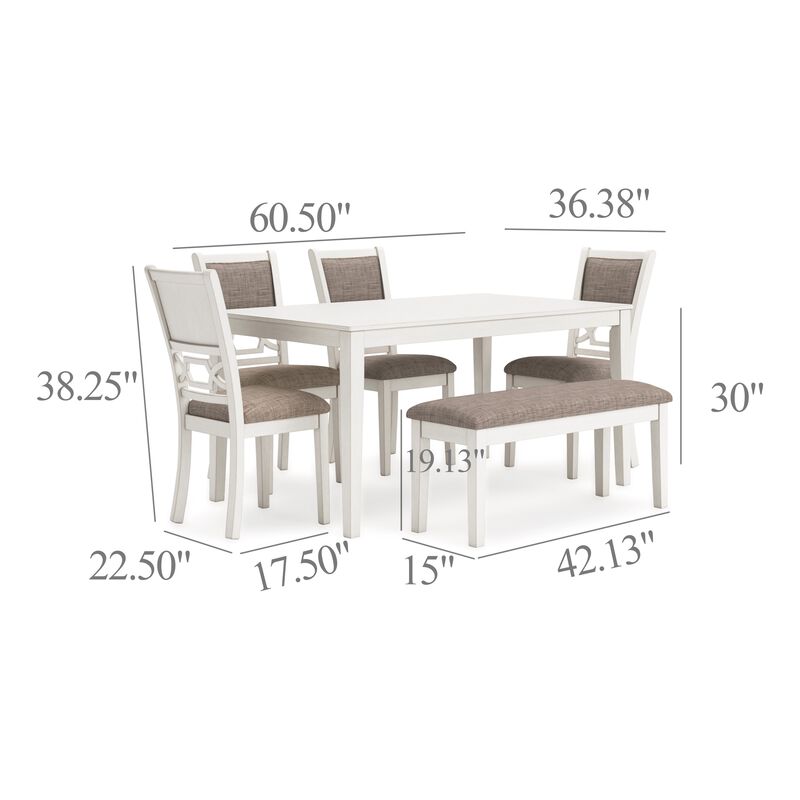 Berg 6pc Dining Table Set, Gray White Wood, 4 Chairs and 1 Bench image number 5
