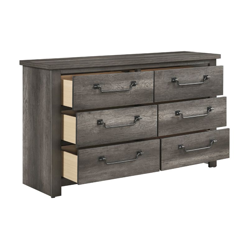 Nemy 59 Inch Dresser, 6 Drawers, Gray Melamine Board, Drop Handles - Benzara