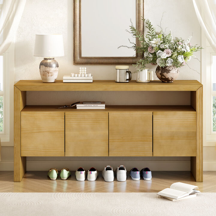 Merax Modern Minimalist Solid Wood Veneer Sideboard with Open Shelf