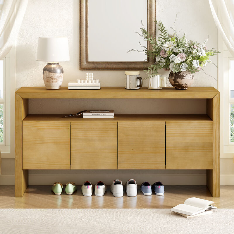 Merax Modern Minimalist Solid Wood Veneer Sideboard with Open Shelf