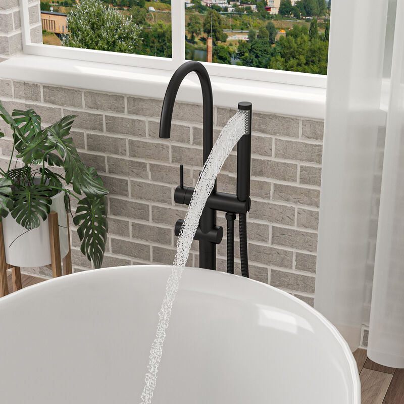 Freestanding Bathtub Faucet Floor Mount Tub Filler Matte Black, Swivel Gooseneck Spout with Cylinder Handheld