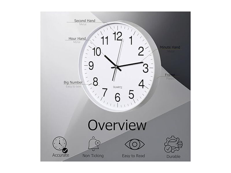 White Desk Table Shelf Perfect Farmhouse Wall Clock Silent Non Ticking image number 2