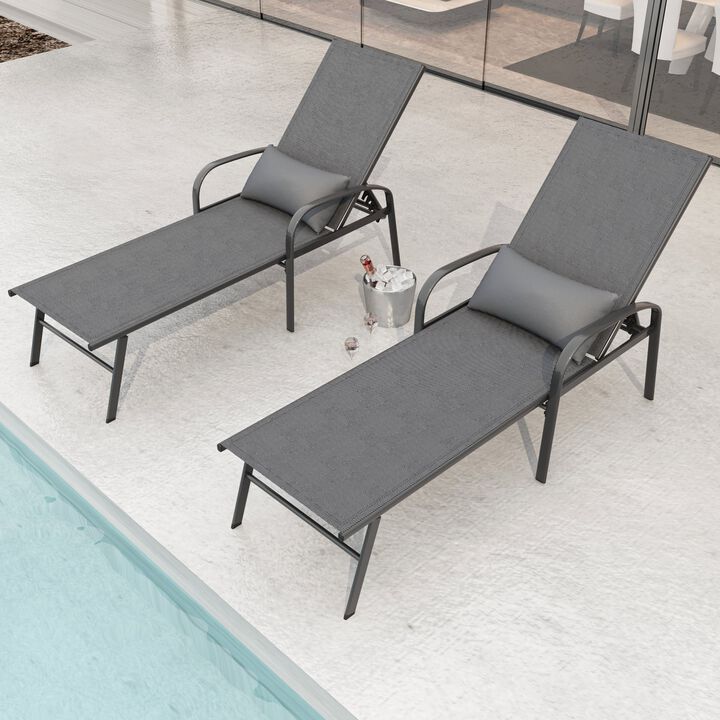 2 Pieces Metal Adjustable Outdoor Chaise Lounge Recliner Patio Lounge Chair with Lumbar Pillow