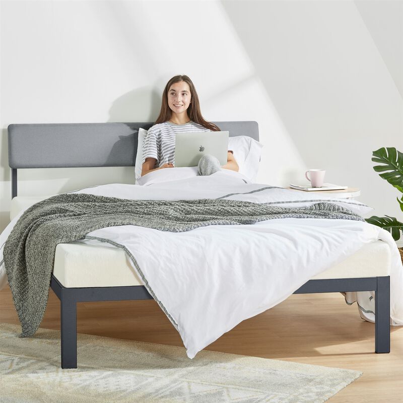 QuikFurn Queen Size Grey Soft Fabric Metal Headboard Platform Bed Wooden Slats