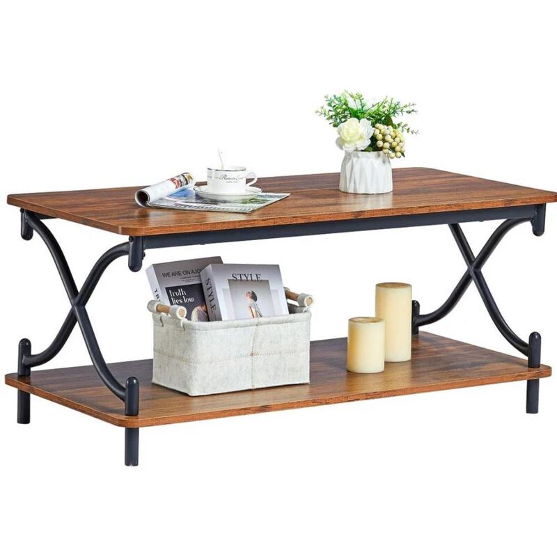 Hivvago Modern Industrial Black Metal Wood Coffee Table with Bottom Storage Shelf
