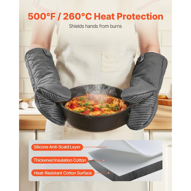 Lightweight Cotton Oven Mitts with Silicone Strips, Heat Resistant Baking Gloves, Set of 2 with Hooks-Grey image number 5