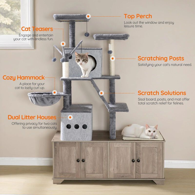 Double Cat Litter Box Hideaway with Integrated Cat Tree, Bed, and Hammock- Greige image number 5