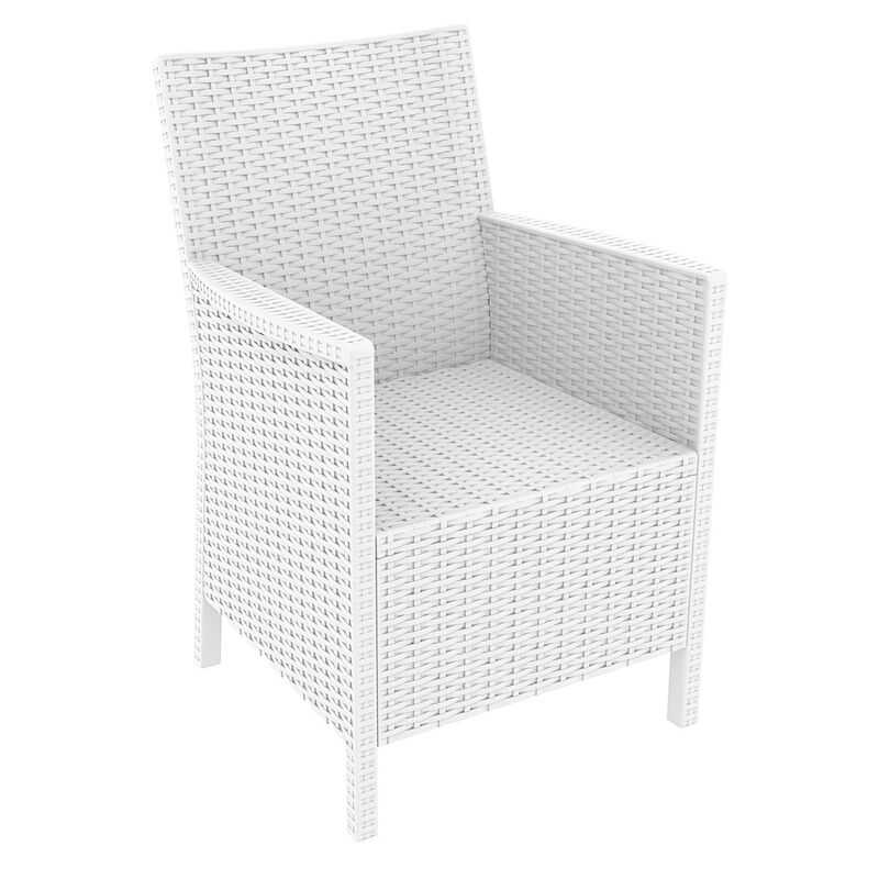 35.5" White Patio Dining Arm Chair with Sunbrella White Cushion