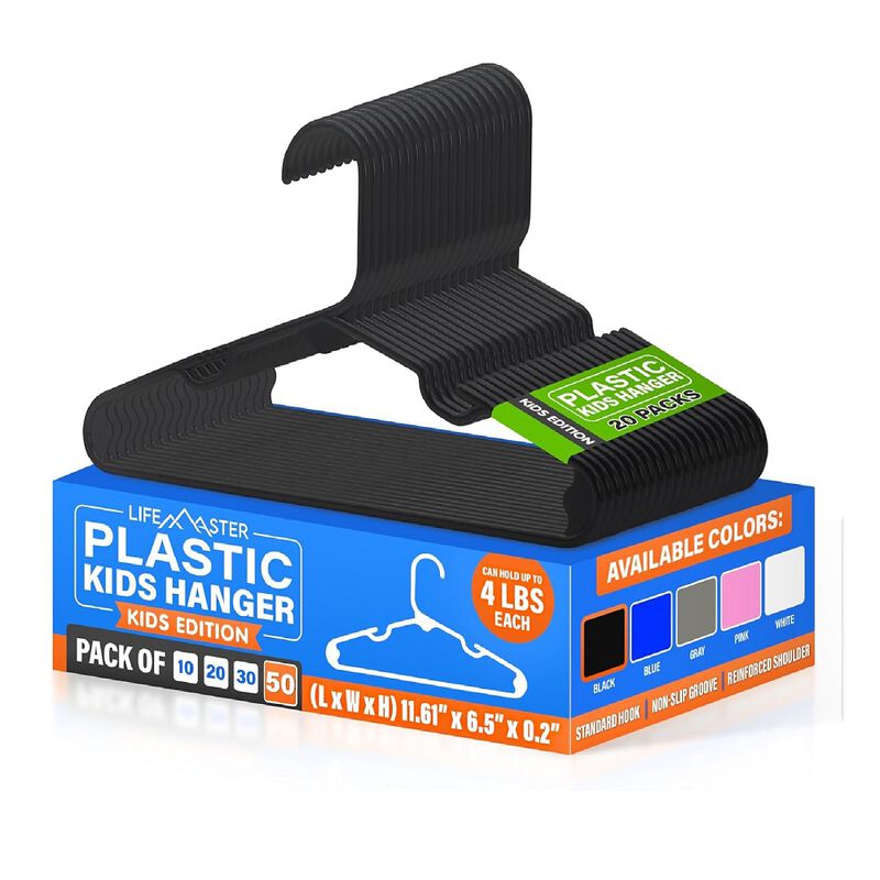 Lifemaster Plastic Kids Clothes Hanger &ndash; Children Clothes Hanger with Shoulder Notch, 11.6 Inch Space-Saving Closet Organizer for Baby, Toddler, and Kids Clothing, Hold Up to 4 lbs, Pack of 50, Black image number 0