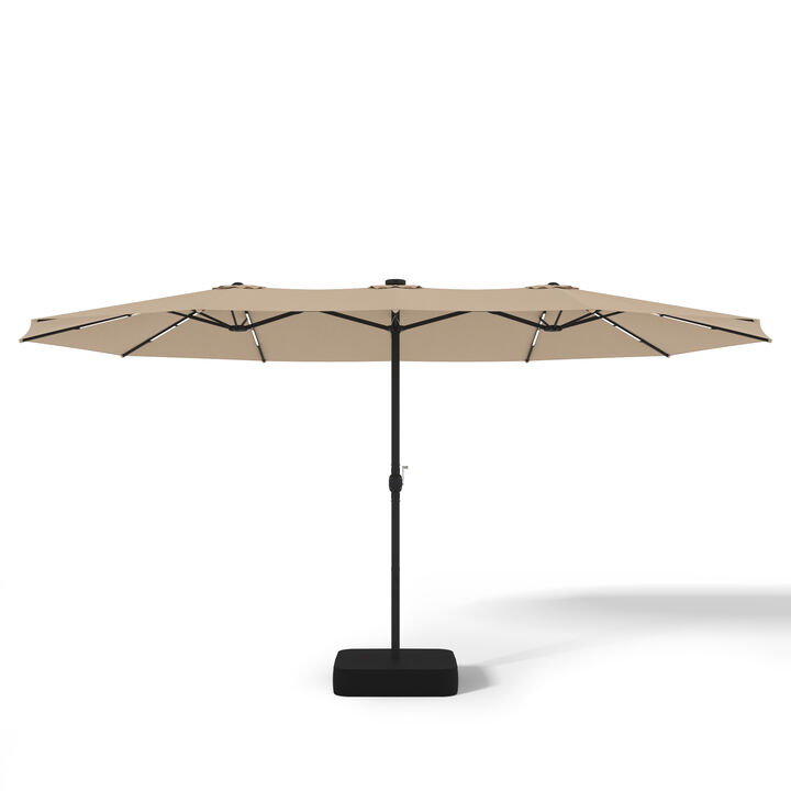 FUFU&GAGA 15-ft x 9-ft Sand Large Outdoor Offset Sunshade with Solar Panel, LED Lights & Cross Tile Base, Tilting Double Canopy Cantilever Umbrella