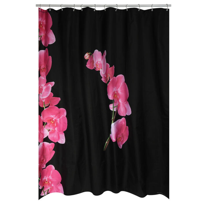 MSV LANYU Polyester Shower Curtain 180x200cm Black & Pink Flowers Pattern - Rings Included