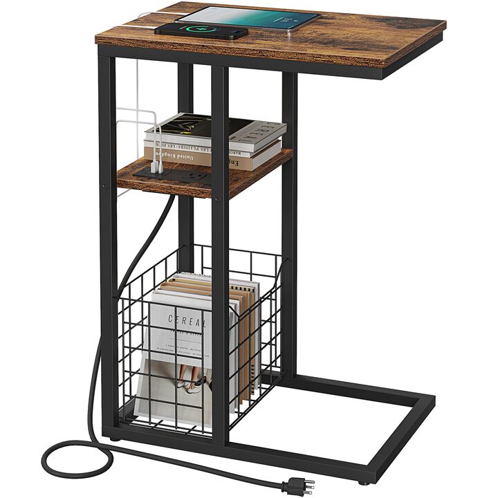 Vagusicc C Shaped End Table with Charging Station, Side Table for Couch, Small Side End Table for Small Spaces, 28"" High Slide
