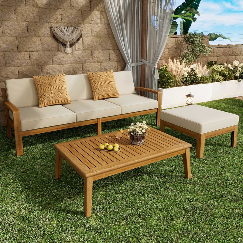 Christopher Knight Home Cairn Acacia Wood 3 Seater Sectional Sofa Set with Ottoman image number 1