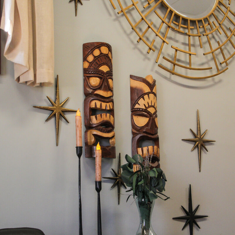 Carved Natural Stained Wood Polynesian Style Tiki Wall Hanging Masks 20 inch image number 6