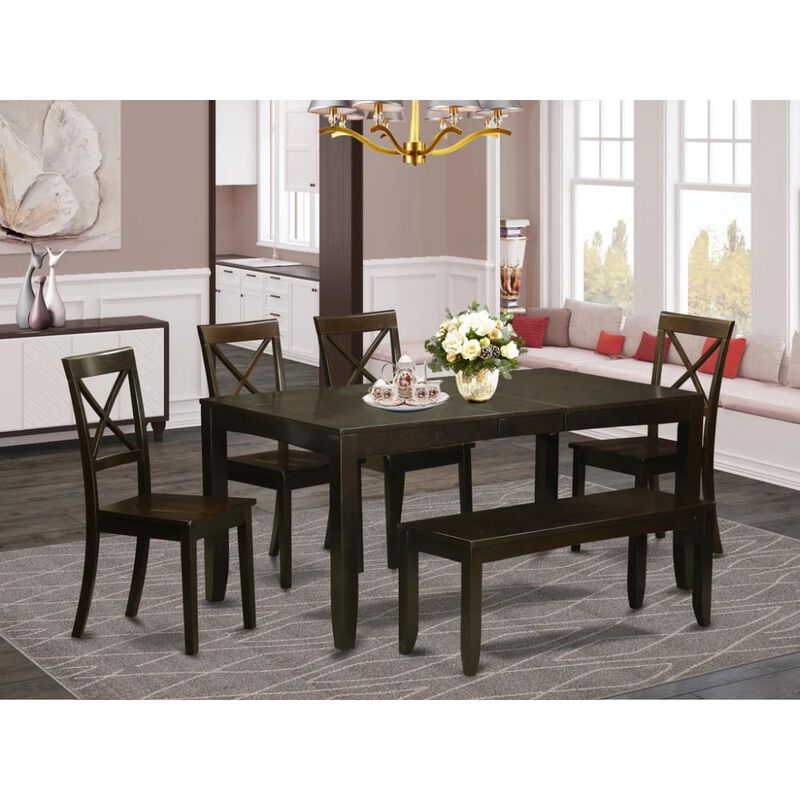 6 Pc Dining Table with bench-Dining Table and 4 Kitchen Dining Chairs plus Bench