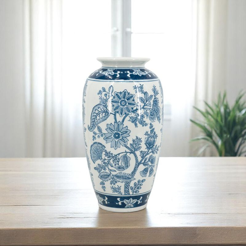 HomeRoots 15" Light Blue And White Floral Porcelain Urn Vase image number 1