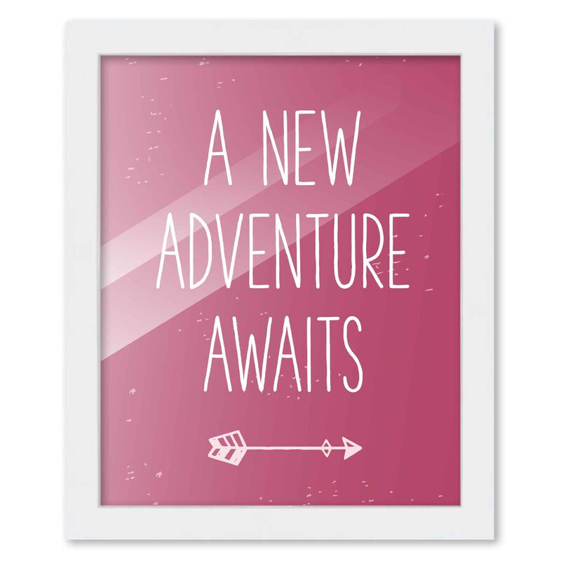 8x10 Framed Nursery Wall Adventure Girl New Adventure Awaits Poster in White Wood Frame For Kid Bedroom or Playroom