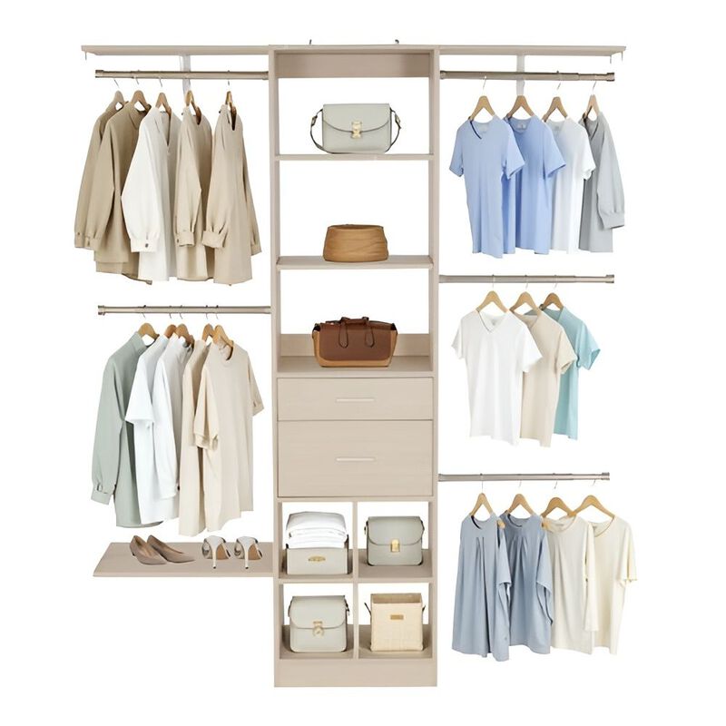 Modern Closet Organizer with 2 Drawers and 5 Retractable Hanging Rods, Grey image number 9