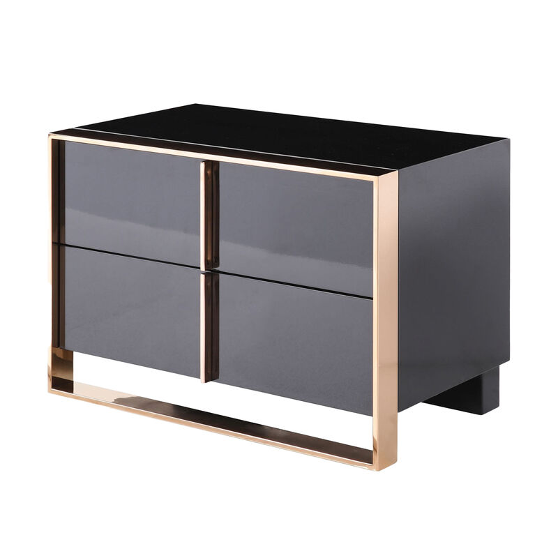 Caer Nightstand, 2 Drawers, Modern Rose Gold Stainless Steel, Black - Benzara