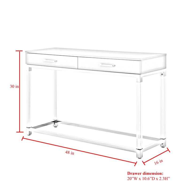 Inspired Home Kalel High Gloss 2 Drawers Console Table with Acrylic Legs and Stainless Steel Base