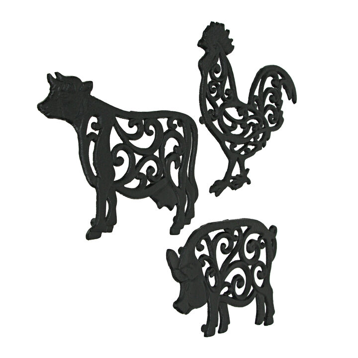 Set of 3 Black Cast Iron Farm Animal Kitchen Trivets Decorative Wall Hanging Art