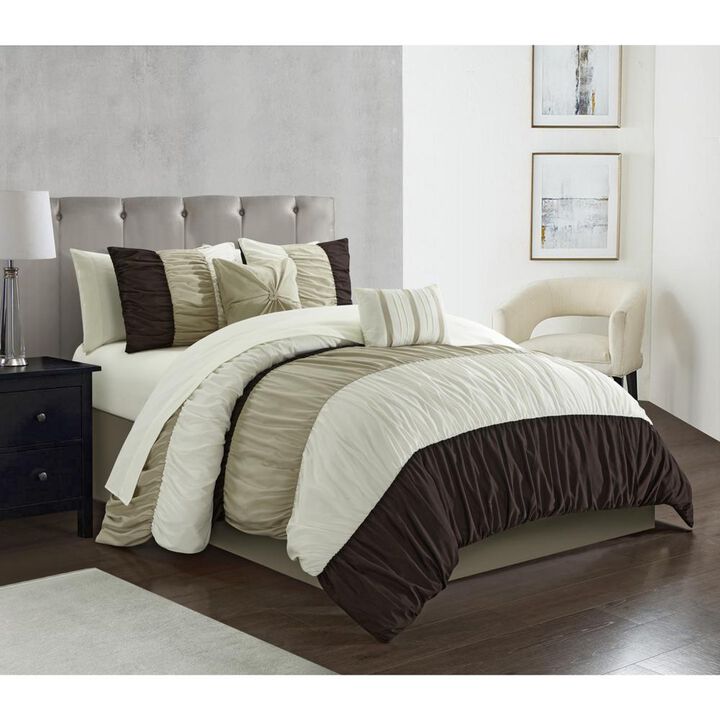 Chic Home Fay Comforter Set Ruched Color Block Design Bed In A Bag Brown, Twin
